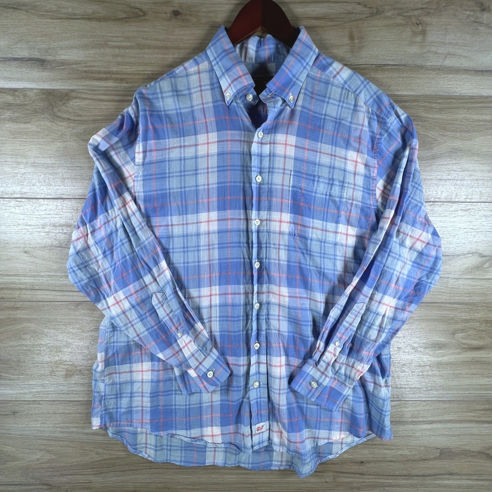 Vineyard Vines Mens Large Blue Pink Plaid Linen Blend Button Down Shirt L/S